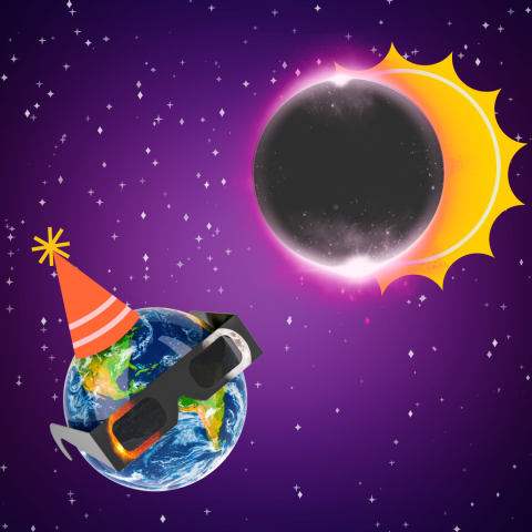 The planet earth wearinga party hat and eclipse glasses, viewing a solar eclipse